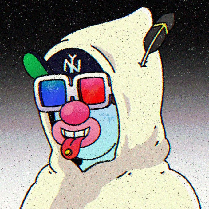A digital illustration of a character resembling a penguin in a white hooded outfit and 3D glasses, with an arrow stuck in the hood and a distorted pink mouth.