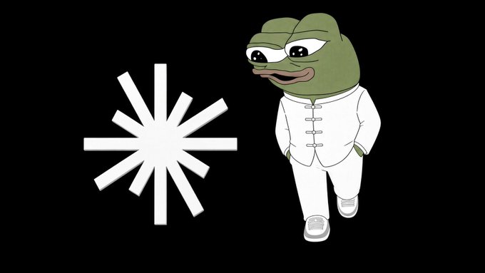 An image featuring a Pep the Frog meme character wearing a white traditional-style outfit, standing next to a white loading spinner icon on a black background.