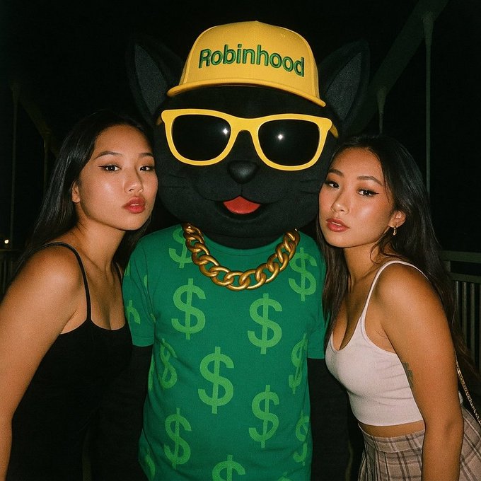 Two young women pose on either side of a person in a black cat mascot costume wearing a yellow 'Robinhood' cap, sunglasses, and a green shirt covered in dollar signs.