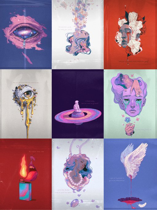 A grid of nine surreal, pastel-toned illustrations featuring eyes, melting faces, and symbolic objects with poetic text overlays.