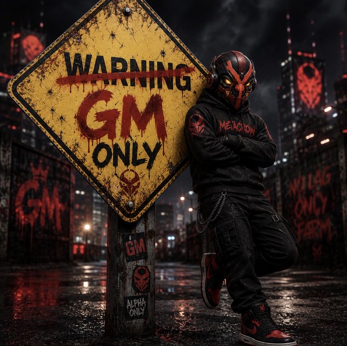 A dark, gritty cyberpunk-style digital artwork showing a masked figure in black/red clothing leaning against a weathered 'WARNING GM ONLY' sign, with skull symbols and 'ALPHA ONLY' text in a dystopian cityscape background.