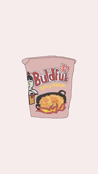 An illustration of a pink cup of instant noodles labeled 'Buldfuk Spicy Ramen' featuring a cartoon character and a bowl of spicy noodles with flames, set against a white background.