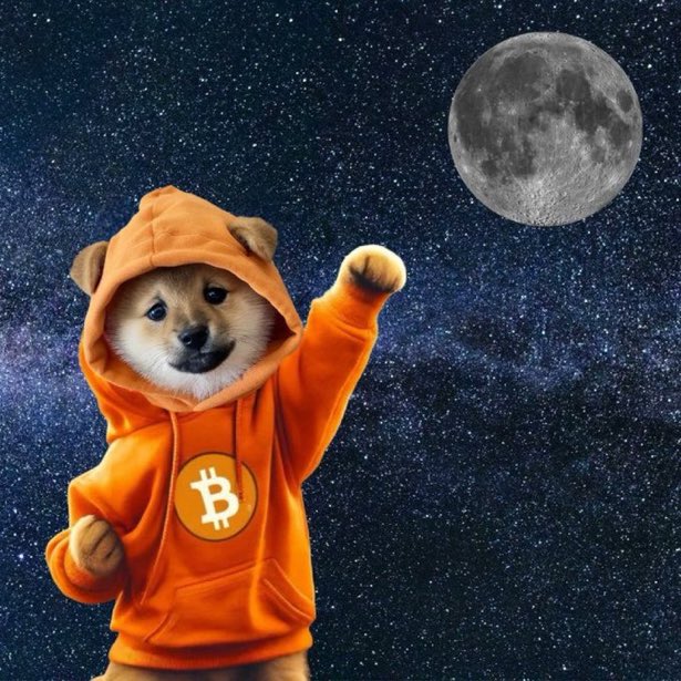 A Shiba Inu dog wearing an orange Bitcoin-logo hoodie poses with a raised paw against a starry night sky background featuring a large moon.
