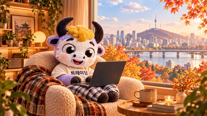A cheerful plush bull mascot wearing a "트레이딩" (Trading) shirt relaxes on a cozy chair while using a laptop, with Seoul's skyline and N Seoul Tower framed by autumn foliage in the background—capturing the cozy, optimistic spirit of diving into trading during Korea Blockchain Week 2026.