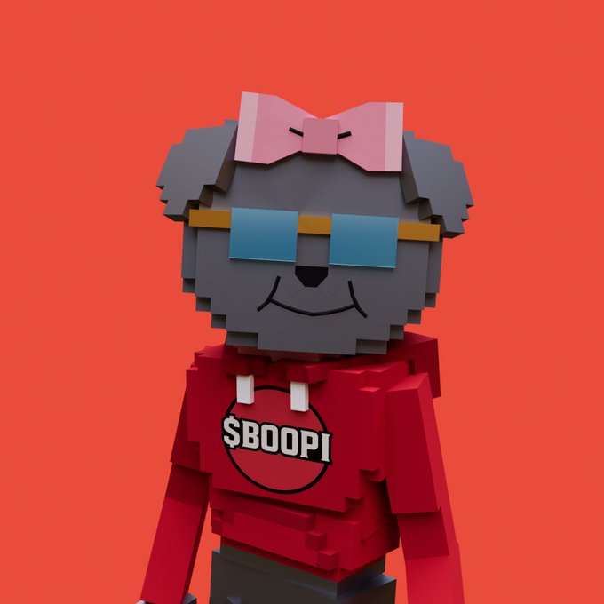 A blocky pixelated gray character wearing blue sunglasses, a pink bow, and a red hoodie with "SBOOPI" printed on it stands against a red background. The image represents the $SBOOPI brand tied to the upcoming Space being promoted in the post.