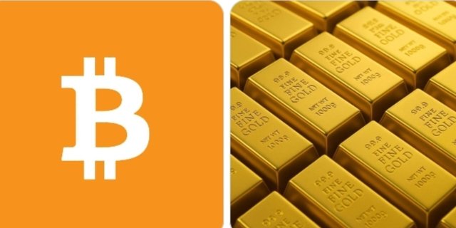 A side-by-side comparison showing the orange Bitcoin (₿) logo next to stacks of 99.9% fine gold bars marked "1000g NET WT." The image visually represents the comparison in the post, illustrating the massive value gap between Bitcoin and gold that would need to be closed for BTC to overtake gold's total market capitalization.