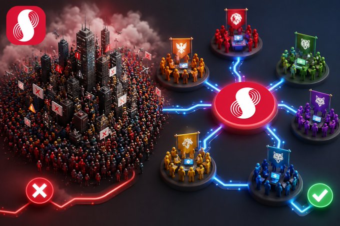 A digital illustration showing a central logo connected to various team factions, contrasting a chaotic crowd scene marked with an X against organized groups marked with a checkmark.