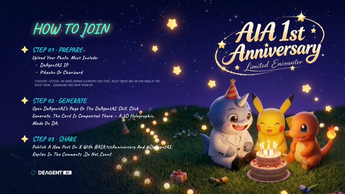 Promotional graphic for 'AIA 1st Anniversary Limited Encounter' featuring Pokémon-like creatures celebrating around a cake, with instructions on how to join using the DeAgentAI app.