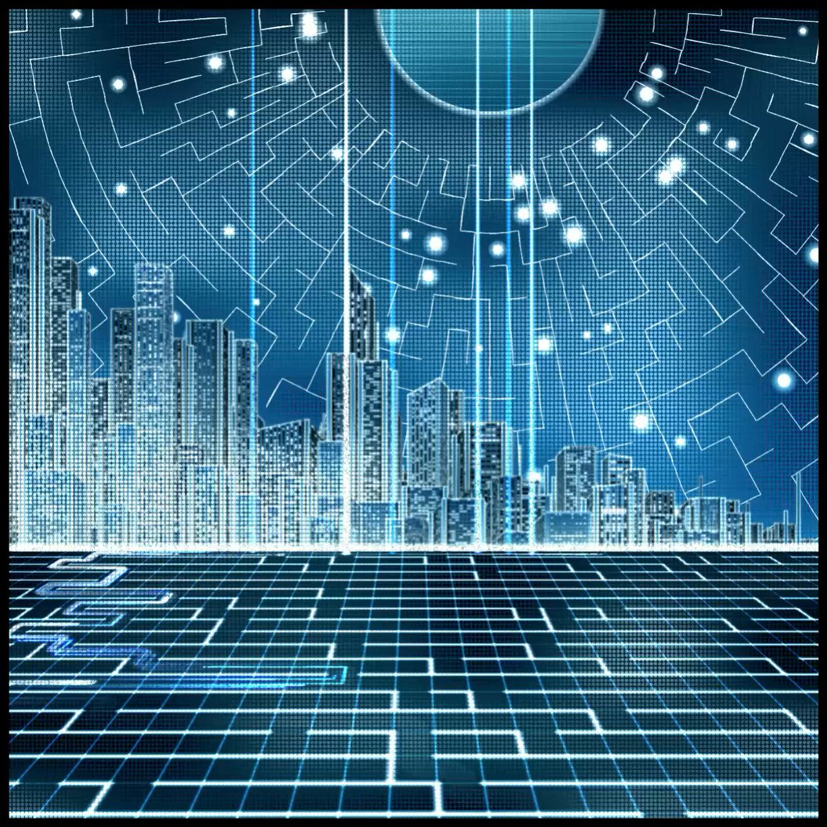 The image features a futuristic cityscape with tall buildings, neon lights, and a large blue circle in the center of the frame. The city appears to be made entirely out of lines and dots, giving it an abstract and digital feel. The caption below the image reads "This great Enigma was bought last night! Featuring a Snowpiercer palette, it's perfect for the crypto winter we're in right now! I truly appreciate each and every collector building their collection during times like these."
