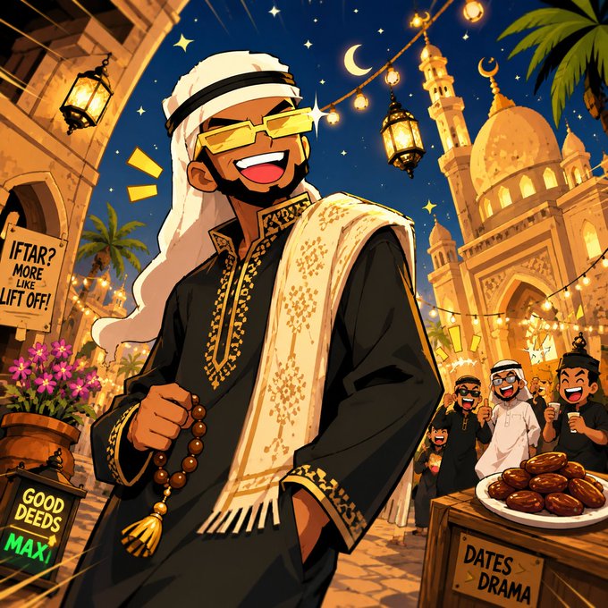 A cheerful cartoon figure in traditional Middle Eastern attire with yellow sunglasses and prayer beads stands before an illuminated mosque, surrounded by signs reading "IFTAR? MORE LIKE LIFT OFF!", "GOOD DEEDS MAX", and "DATES DRAMA," with a plate of dates on a table nearby.

The image visually echoes the post's themes by blending Ramadan cultural imagery (iftar, dates, mosque) with crypto/finance slang ("LIFT OFF," "GOOD DEEDS MAX," "DATES DRAMA"), suggesting that holding $GRAM on TON is the builder's choice while the rest of the market takes the weekend off.