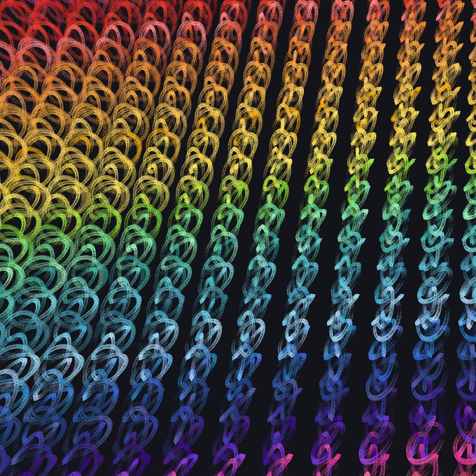 A repeating digital pattern of interlocking shapes arranged in vertical columns, displaying a vibrant rainbow gradient from red and yellow at the top to blue and purple at the bottom against a dark background.