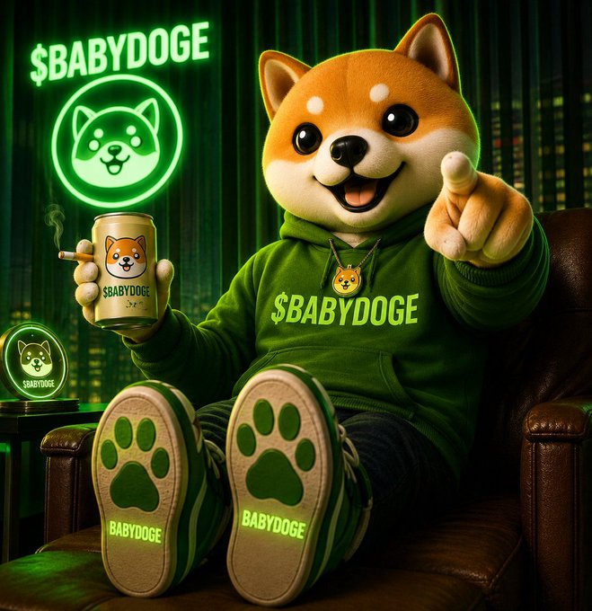 A 3D-rendered image of an anthropomorphic Shiba Inu dog wearing a green '$BABYDOGE' hoodie, holding a beverage can, and giving a thumbs-up, with 'BABYDOGE' printed on the soles of its sneakers.