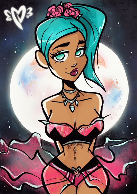 A stylized digital illustration of a teal-haired female character with pink flowers in her hair, wearing a pink and black outfit against a large moon and starry night sky, signed 'Ari's Art' with a heart logo.