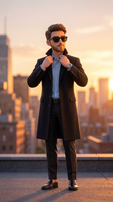 A 3D-rendered stylized man wearing sunglasses, a black overcoat, dress shirt, and dark pants stands on a rooftop with a city skyline at sunset in the background.