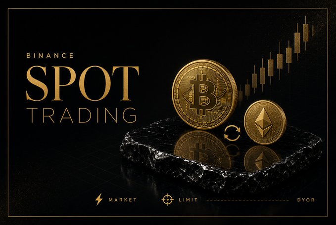 A promotional graphic for 'BINANCE SPOT TRADING' featuring gold Bitcoin and Ethereum coins on a dark stone surface with candlestick charts in the background, labeled with Market, Limit, and DYOR.