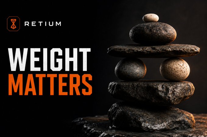 A promotional image for 'RETIUM' featuring the text 'WEIGHT MATTERS' next to a carefully balanced stack of dark and light textured stones on a wooden surface.