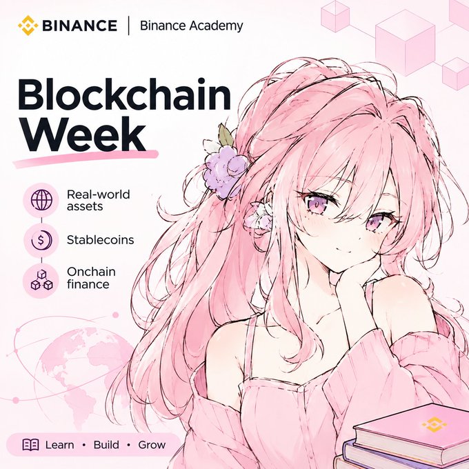 A Binance Academy promotional graphic for 'Blockchain Week' featuring an anime-style pink-haired character alongside topics like 'Real-world assets', 'Stablecoins', and 'Onchain finance'.