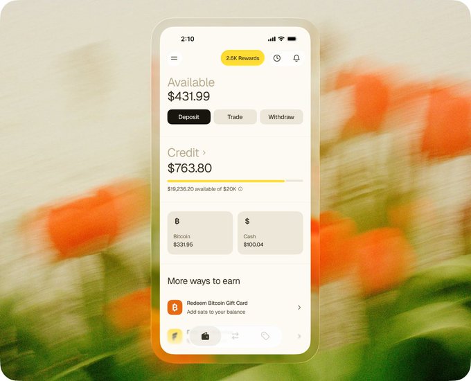 A mobile app interface displayed over a blurred orange and green background, showing an 'Available' balance of $431.99, a 'Credit' of $763.80, Bitcoin ($31.05) and Cash ($100.04) balances, and a '2.6K Rewards' badge, with options to Deposit, Trade, and Withdraw.