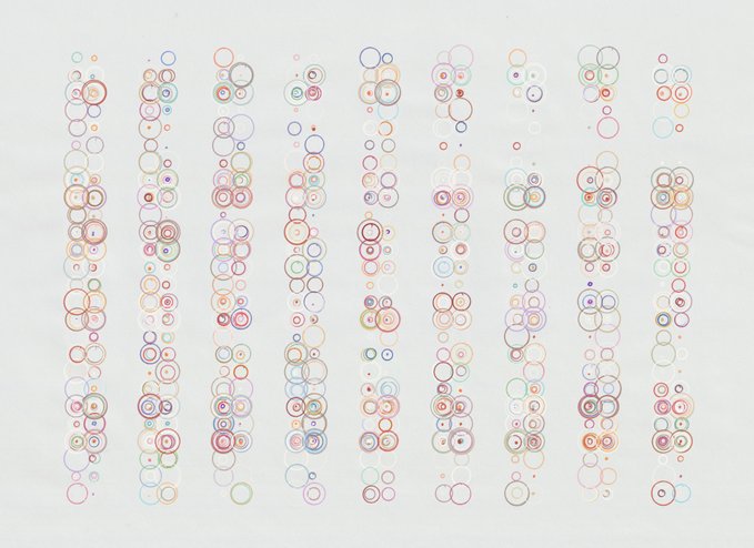 The image features a grid of circles with various colors such as pink, blue, green, yellow, orange, purple, and white. The circles are arranged in rows and columns, creating an abstract pattern that appears to be a visual representation of a cycle. The caption above the image reads "Cycle 1254 of @tezos Mint your artwork version of this cycle before the next one, which will take place in less than 30 minutes". This suggests that the artist has created a unique piece inspired by the concept of cycles and time.