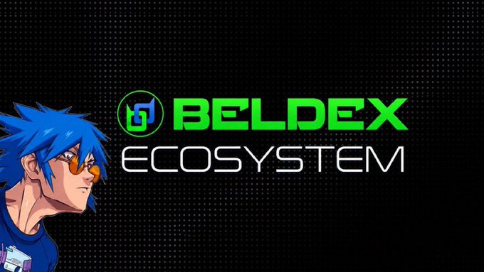 A graphic with the text 'BELDEX ECOSYSTEM' in green and white letters next to an anime-style character with blue hair and orange sunglasses against a dark dotted background.