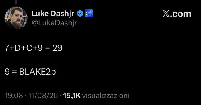 A tweet from Luke Dashjr (@LukeDashjr) on X.com stating "7+D+C+9 = 29" and "9 = BLAKE2b," posted 11/08/26 with 15.1K views.