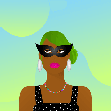 A digital illustration of a woman with green hair, wearing a black masquerade mask, pink lipstick, white earrings, and a colorful beaded necklace against a soft green and blue background.