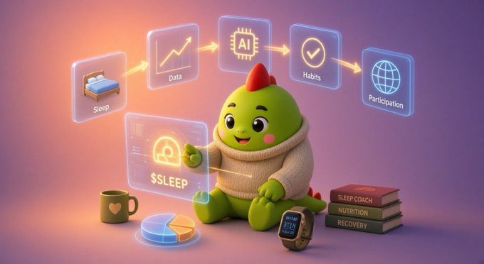 A friendly green dinosaur character holds a "$SLEEP" token next to a smartwatch, with a floating workflow above showing "Sleep" → "Data" → "AI" → "Habits" → "Participation," accompanied by books labeled "Sleep Coach," "Nutrition," and "Recovery." The image illustrates the caption's point that sleep data is transformed into actionable habits and rewards through AI, with the $SLEEP token representing how Sleepagotchi turns raw metrics into meaningful, participation-driven value.