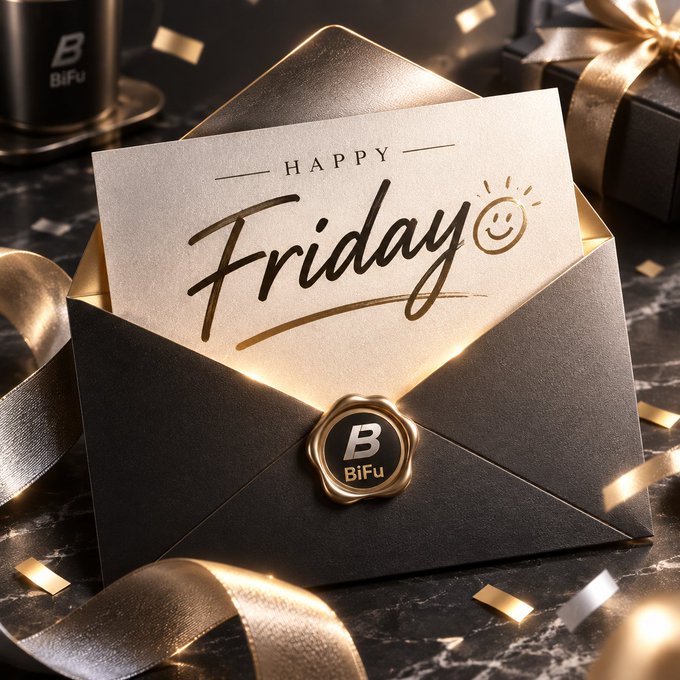 A luxurious black envelope with a gold wax seal containing a cream card that reads 'Happy Friday' with a smiley face drawing, branded with 'BiFu'.
