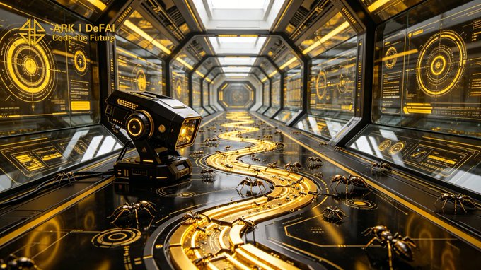 The image features a futuristic room with a long hallway filled with various objects such as robots, spiders, and other technological devices. The room appears to be a laboratory or research facility where cutting-edge technology is being developed. The caption on the image suggests that this advanced environment could be related to Arkie AI App, which uses artificial intelligence (AI) agents to help users process information efficiently and execute tasks more effectively.