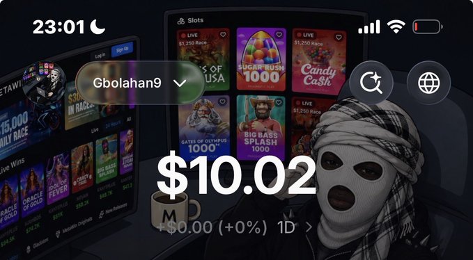 A masked figure in a ski mask sits in front of a computer displaying slot games like "Sugar Rush 1000" and "Big Bass Splash 1000," with an overlay showing the username "Gbolahan9" and a balance of "$10.02" on $0.00 (+0%) 1D. The image appears to relate to the post's $10 SOL giveaway, likely promoting participation in the casino's promotion by commenting a Solana wallet address.