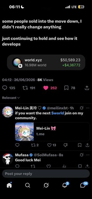 A screenshot of a social media post showing a crypto portfolio update for "world.xyz" (16.98M world) valued at $50,589.23 with a +$4,367.72 gain, where the user mentions holding through a dip. The "Thank you" caption likely responds to the supportive comments below from users like Mei-Lin and Mufasa wishing them luck.