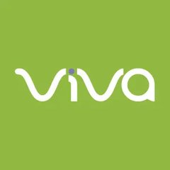 The image displays the white "viva" logo set against a bright green background, representing Latin American telecom operator VIVA—the first carrier live on the Avalanche-based Iris financial network, backed by a $43M commitment from Balesia Group.