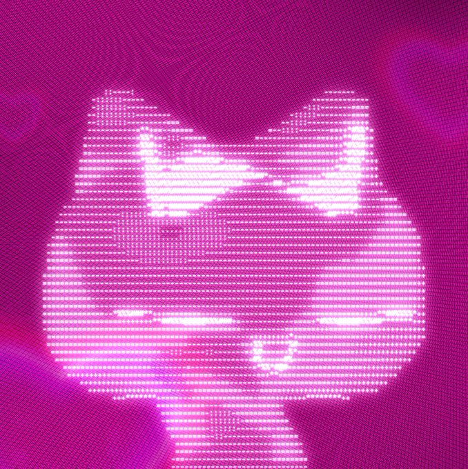 A glowing pixelated cat rendered in ASCII characters on a magenta background, fitting the post's theme of exploring onchain digital art and experimenting with text-based, code-driven creative projects.