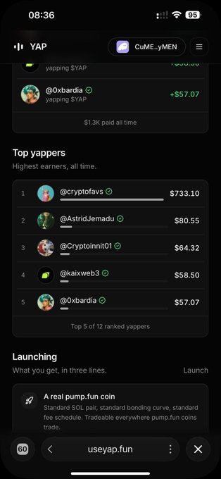 A mobile screenshot of the YAP platform (useyap.fun) showing a leaderboard of "Top yappers" with the highest earner @cryptofavs at $733.10, followed by @AstridJemadu ($80.55), @Cryptoinnt01 ($64.32), @kaixweb3 ($58.50), and @0xbardia ($57.07), illustrating the SOL earnings users can receive by holding and posting about the $YAP token.