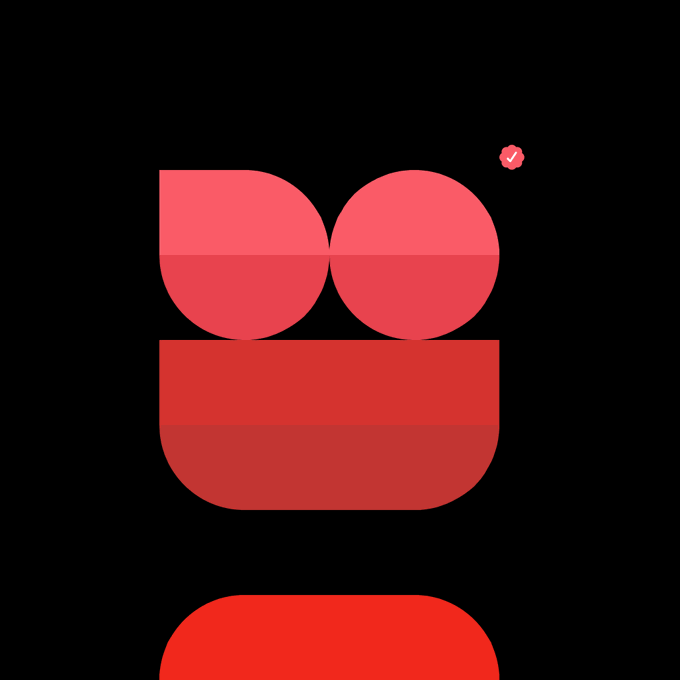 A minimalist red and pink logo on black background featuring two circular shapes above a curved base, with a small pink verified badge.