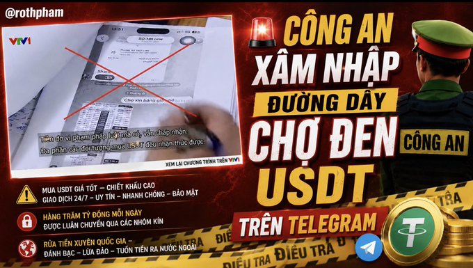 A Vietnamese warning graphic from @rothham claiming police are infiltrating a black market USDT exchange on Telegram, highlighting risks like price manipulation, money laundering, and fraud.