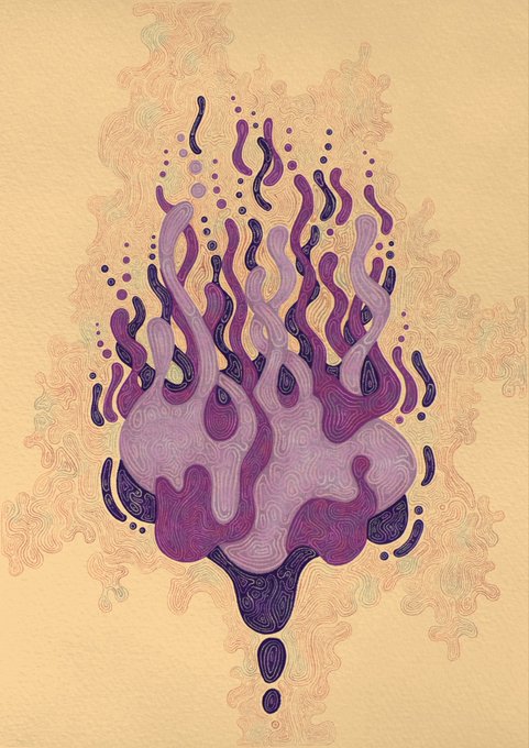 Abstract digital artwork featuring flowing purple, lavender, and dark shapes resembling flames or liquid droplets against a textured beige background.