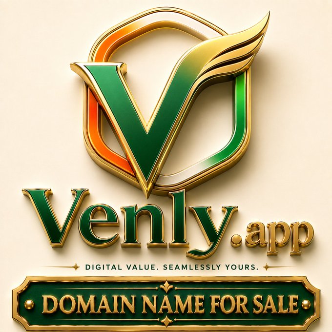 A logo for the domain name 'Venly.app' with the tagline 'DIGITAL VALUE. SEAMLESSLY YOURS.' and a 'DOMAIN NAME FOR SALE' banner, featuring a stylized V with wings in green, orange, and gold.