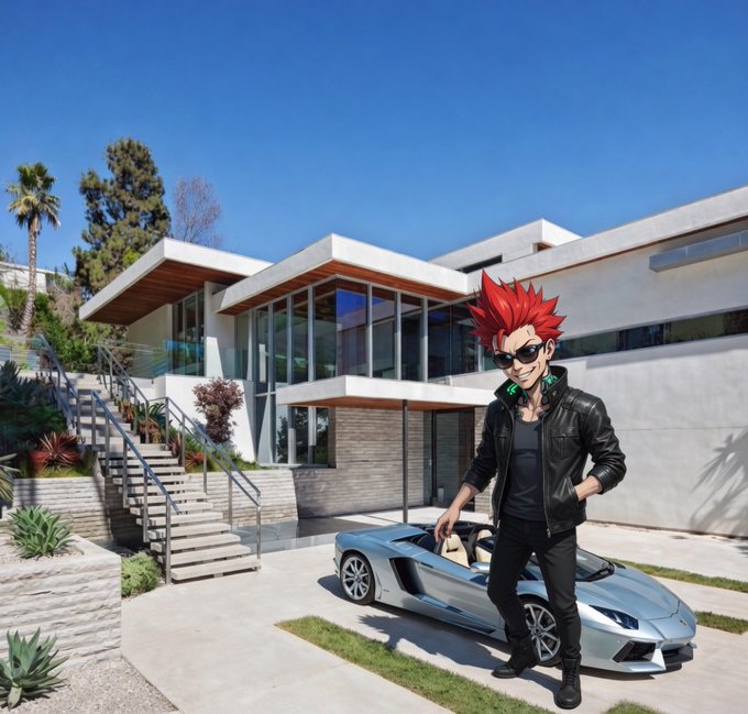An anime-style character with spiky red hair, sunglasses, and black leather jacket standing in front of a modern white house with a silver Lamborghini sports car in the driveway.