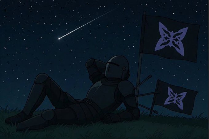 An illustration of a knight reclining on a grassy field at night, watching a shooting star streak across a starry sky, with two flags bearing a butterfly emblem planted in the ground beside them.