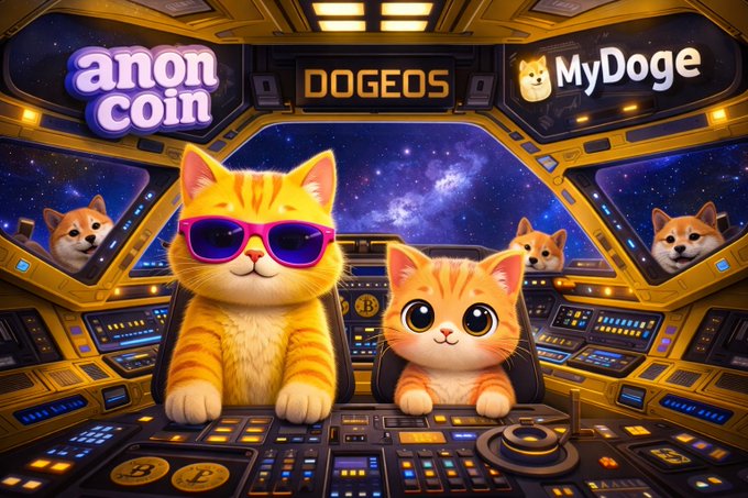 The image features a cartoon cat wearing sunglasses and sitting behind a control panel with buttons and dials, which are typical elements of a spaceship cockpit. The cat appears to be controlling the ship's navigation system or other controls. In the background, there is another cartoon cat wearing glasses and looking out of a window. The text in the image reads "Anon Coin" and "DOGEOS MyDope".