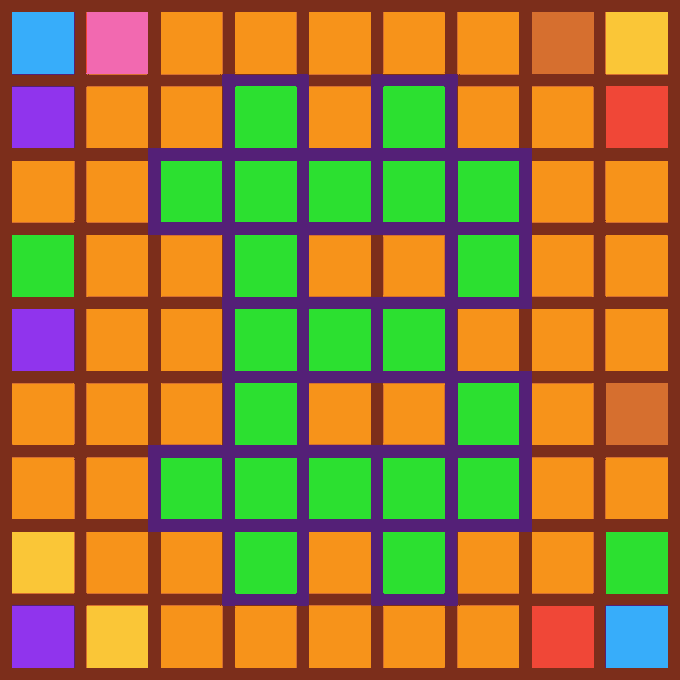 A 9x9 grid puzzle consisting of orange and green squares with a thick purple border separating the inner green cluster from the outer orange squares.