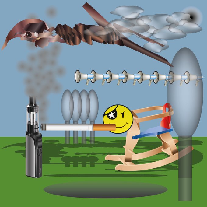 A surreal digital illustration featuring a vape device with a cartoon cigarette character smoking it, set against a background of trees, satellite dishes, and clouds.