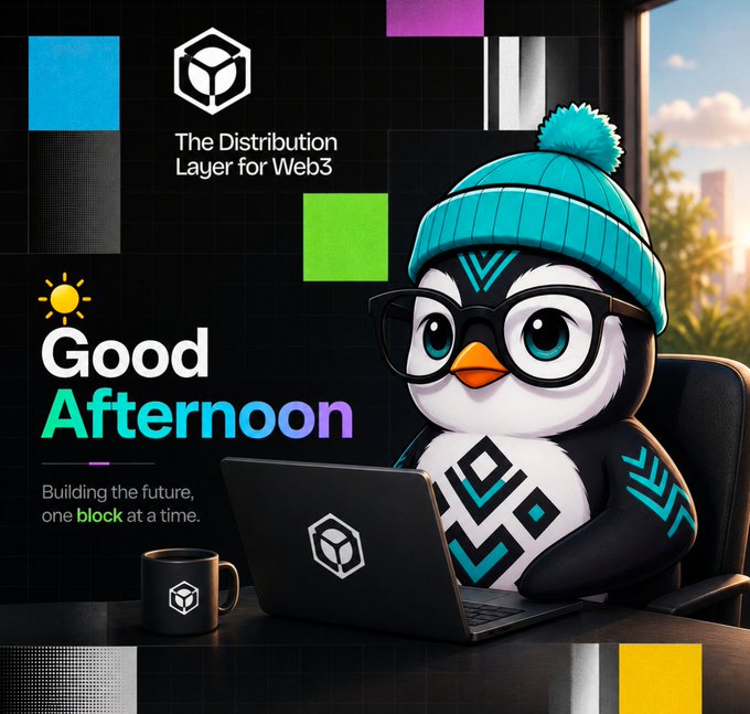 A 'Good Afternoon' promotional graphic featuring a penguin mascot in a teal beanie and glasses using a laptop, branded 'The Distribution Layer for Web3' with the tagline 'Building the future, one block at a time.'