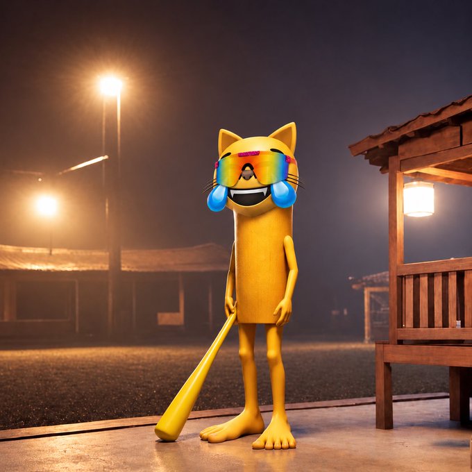 A 3D-rendered crying laughing cat character holding a yellow baseball bat stands in a dark outdoor scene near a wooden bench.