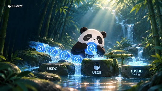 A digital illustration features a panda sitting among bamboo with USDC and sUSDB coin logos floating on water flowing over rocks labeled 'USDC', 'USDB', and 'sUSDB Savings', with a 'Bucket' logo in the corner.