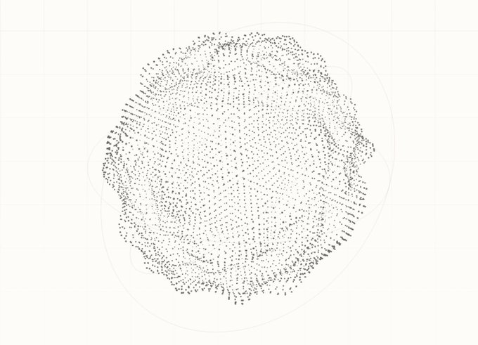 A dense circular fingerprint rendered as a field of tiny black dots on a white grid background.