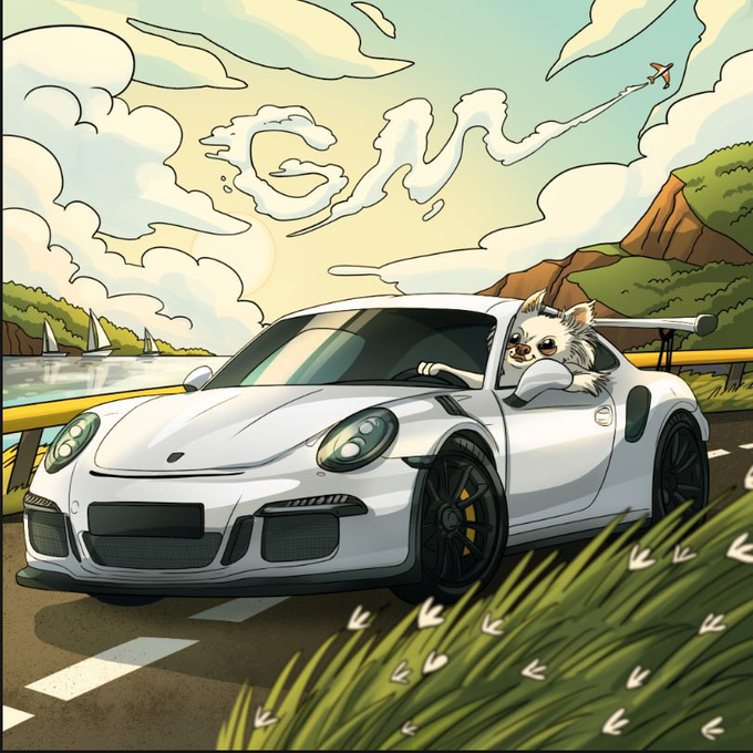 A cheerful white Pomeranian dog drives a white Porsche 911 GT3 RS convertible along a scenic coastal road, embodying the post's message of rewarding loyalty with a luxury ride.