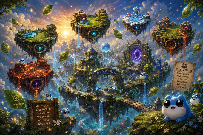 A vibrant fantasy digital artwork depicts floating islands forming "TOBYWORLD" with various themed realms (snow, lava, forest), waterfalls, mushrooms, and small blue creatures, accompanied by text reading "MANY LANDS, ONE WORLD, WE GROW, WE DREAM, WE BUILD, TOGETHER".