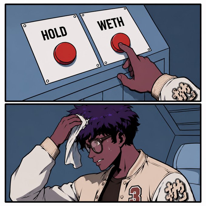 A two-panel comic illustration showing a hand pressing a red "WETH" button instead of "HOLD," followed by a distressed character wiping sweat from his forehead.